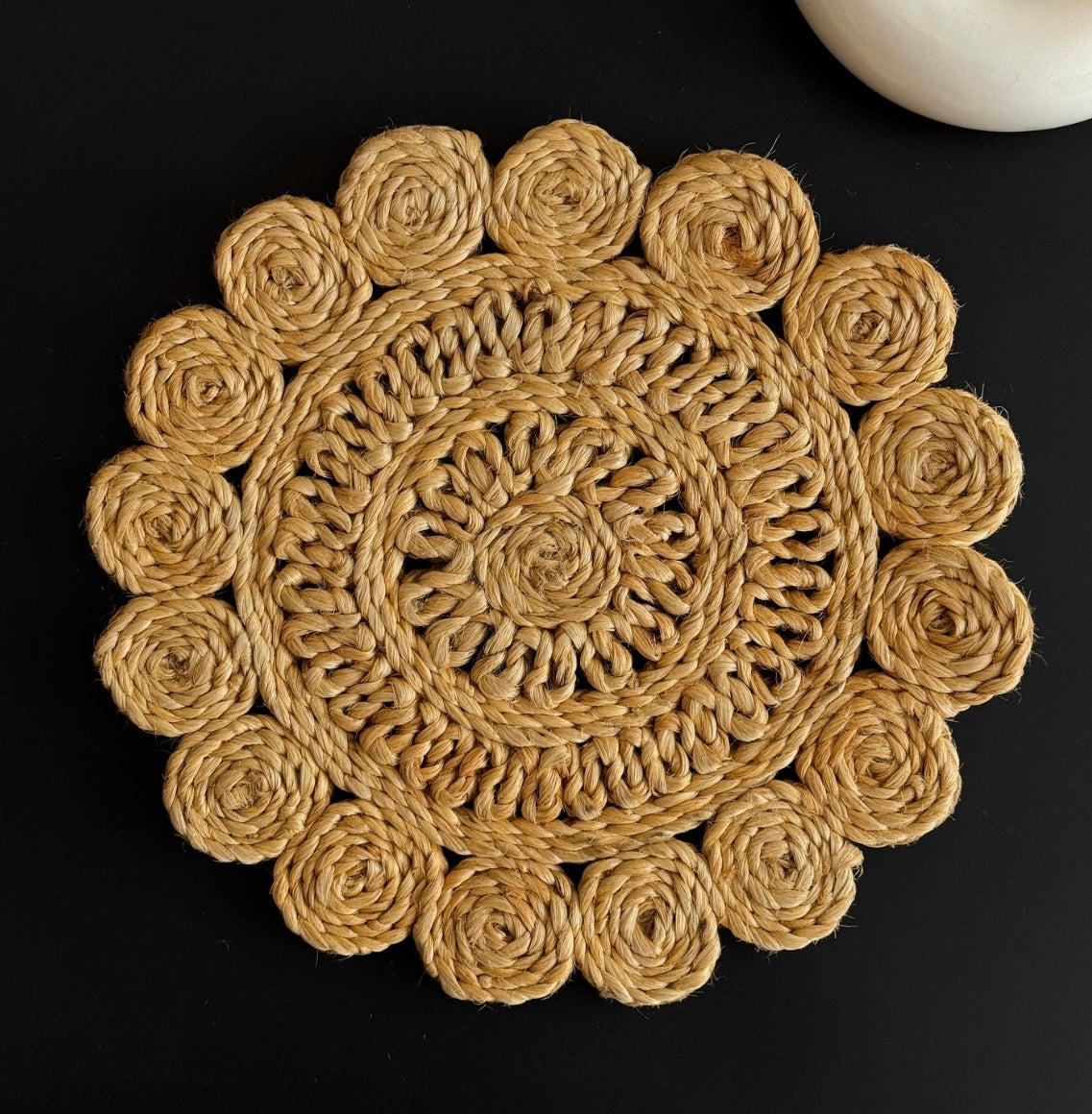 Rosette Bloom Jute Coaster – 6" Handwoven Floral Elegance