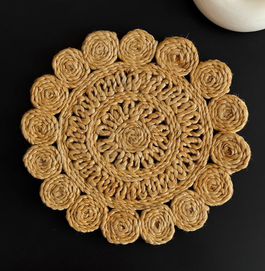 Rosette Bloom Jute Coaster – 6" Handwoven Floral Elegance