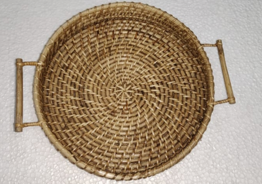 Cane Round Serving Tray with Handle