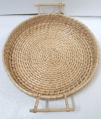 Cane Round Serving Tray with Handle