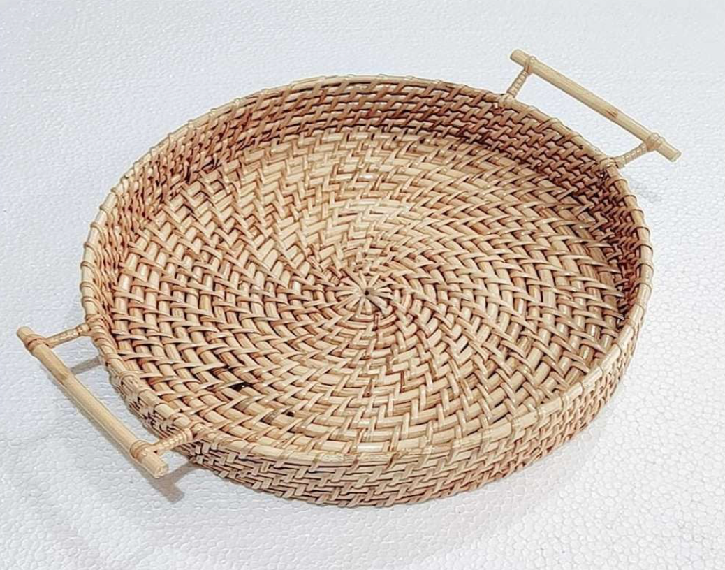Cane Round Serving Tray with Handle