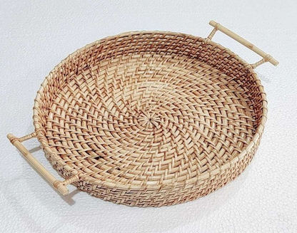 Cane Round Serving Tray with Handle