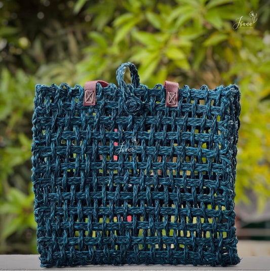Neerja Sabai Tote – Handwoven Mesh Cane Bag in Teal