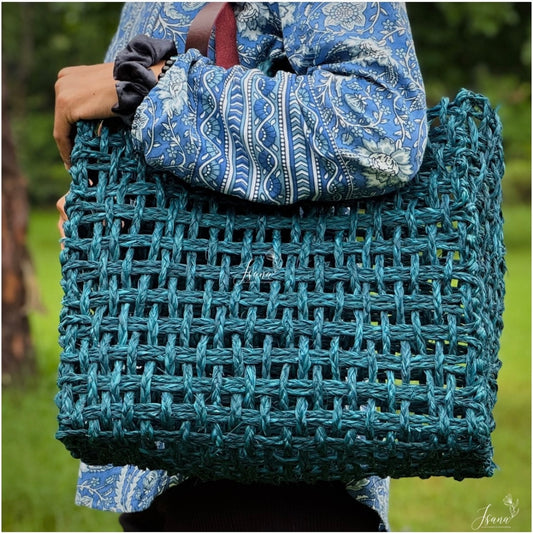 Neerja Sabai Tote – Handwoven Mesh Cane Bag in Teal