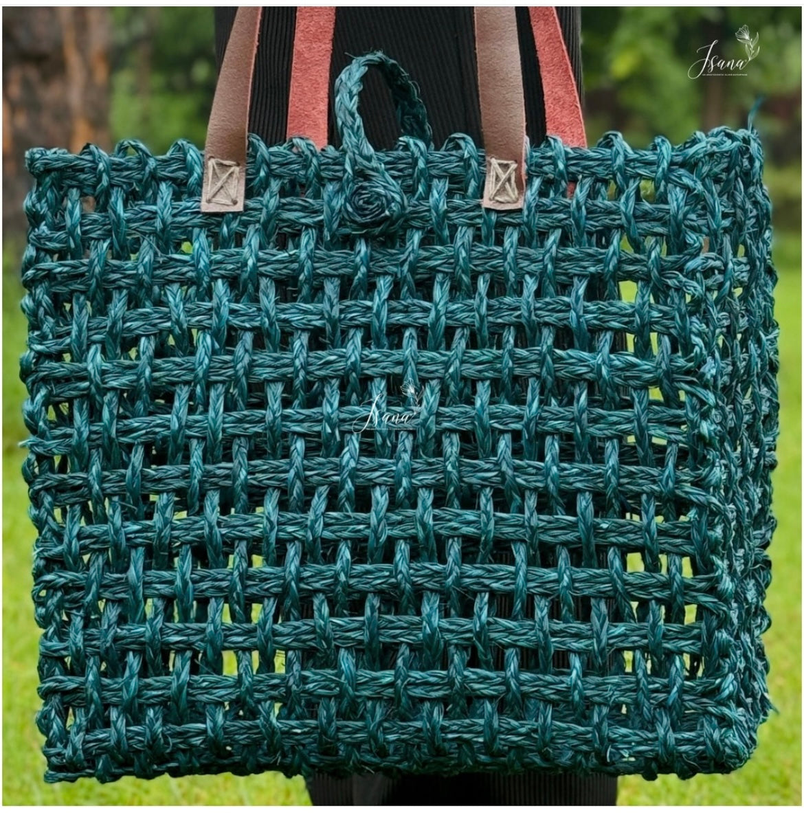 Neerja Sabai Tote – Handwoven Mesh Cane Bag in Teal