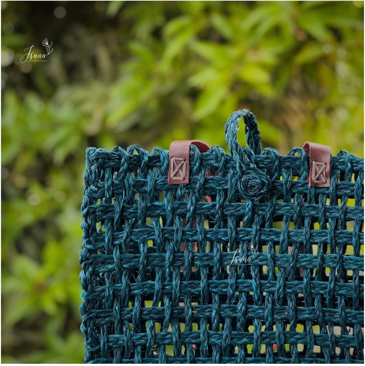 Neerja Sabai Tote – Handwoven Mesh Cane Bag in Teal