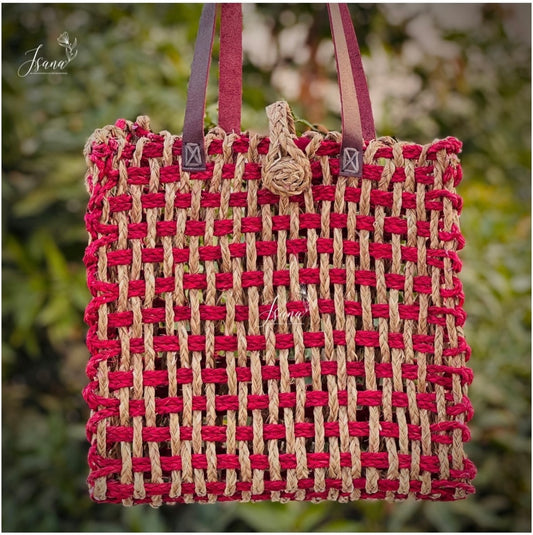 Anvaya Sabai Tote – Handwoven Dual-Tone Mesh Bag in Red & Natural