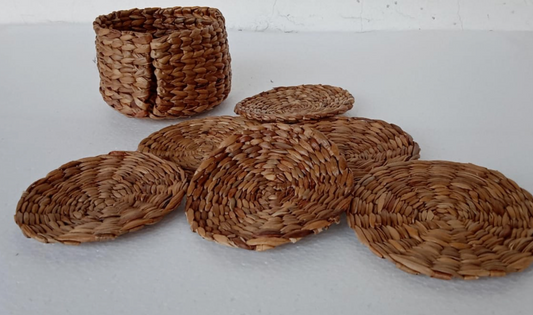 Nayra Water Hyacinth Round Coaster Set with Holder (6 pcs)